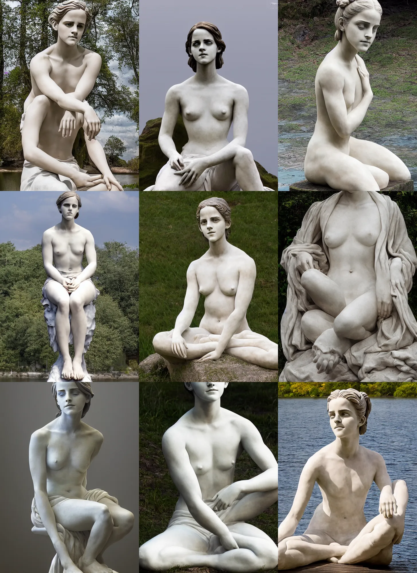 Prompt: sculpture statue of Emma Watson by Jean-Baptiste Carpeaux and Luo Li Rong and Michael James Talbot, all body, peacefully meditation pose sitting on the river bank, concept art, perfect symmetrical face, psychedelic, bodypaint, colored, white marble, in full growth, elegant, realistic, 8K, female full-skin figure, hyperrealism, subsurface scattering, raytracing, rim light, Octane Render, Redshift, Zbrush