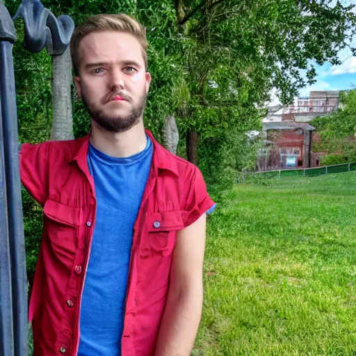 Image similar to Young man standing looking to the right in a red bandana, blue striped shirt, gray vest and a gun with a partly cloudy sky in the background. The young man is standing in front of an iron fence. Photograph. Real life