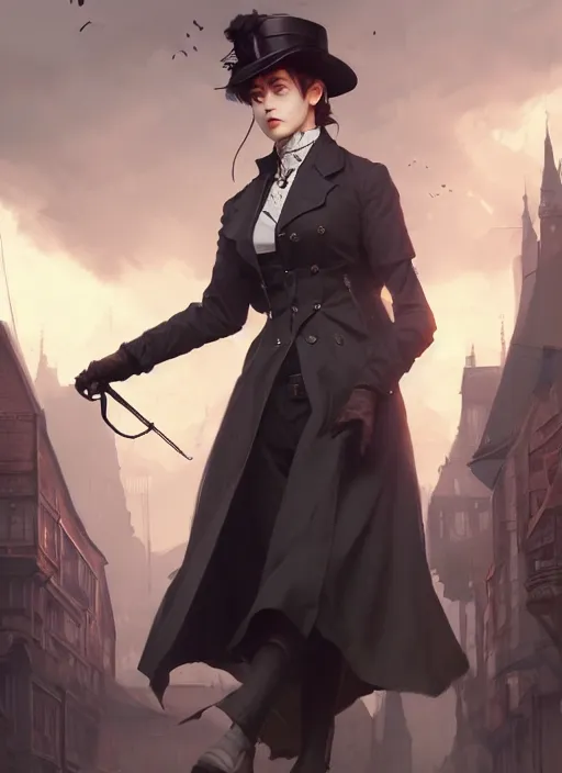 Image similar to character concept art of a female victorian detective, key visual, realistic shaded perfect face, fine details, dystopian environment and background, by stanley artgerm lau, wlop, rossdraws, james jean, andrei riabovitchev, marc simonetti, and sakimichan, trending on artstation