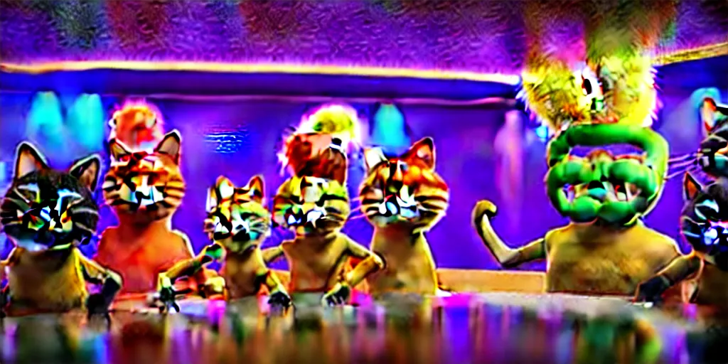 Image similar to 8 k uhd cinema 4 d, octane render of multiple cats dressed as vegetables with vegetables as masks, vegetables dressed as cats with fluffy tails, line dancing at a party, in the ballroom of a luxury cruise liner, beautiful chandeliers from the ceiling, ultra realistic, group photography, 1 0 5 mm lens, multi coloured volumetric lighting
