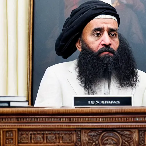 Prompt: 4 k portrait sony a 7 f 2. 8 of president joe biden as a muslim terrorist taliban leader in the oval office