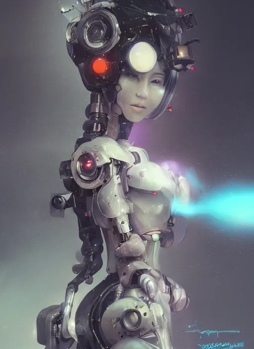 Image similar to matte painting, by yoshitaka amano, by ruan jia, by conrad roset, by good smile company, detailed anime 3d render of a female mechanical android, portrait, cgsociety, artstation, quirky mechanical costume and grand headpiece, surreal mystical atmosphere