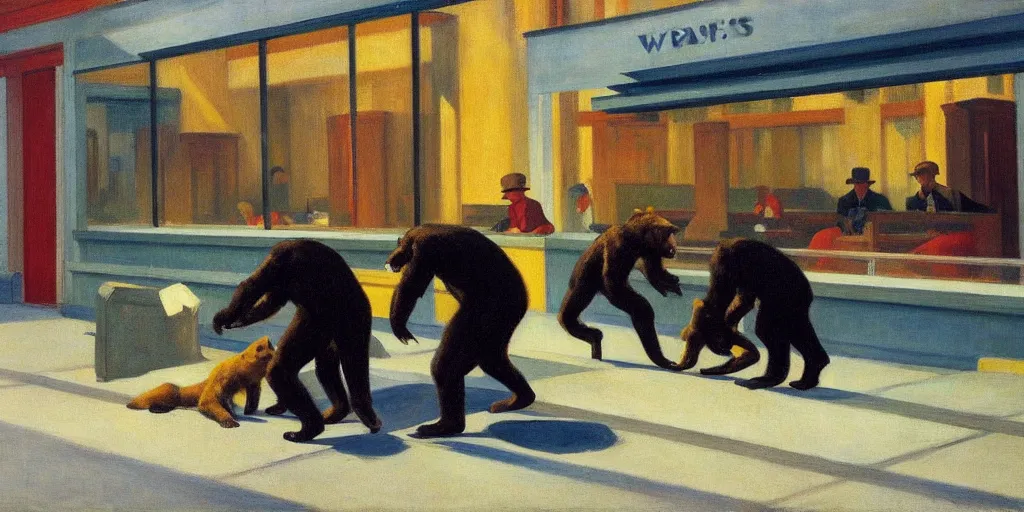 Image similar to edward hopper's painting, of a group of werebears robbing a bank