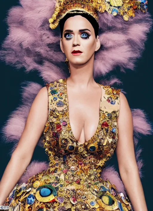 Image similar to katy perry styled by nick knight posing, full body shot, intricate headpiece, vogue magazine, canon, highly realistic. high resolution. highly detailed. dramatic. 8 k. 4 k.