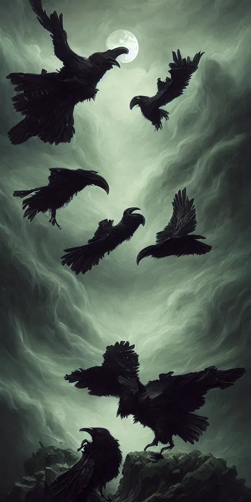 Prompt: intricate ominous highly detailed swirling ravens by peter mohrbacher and agostino arrivabene, vladimir kush, mysterious, dark, beautiful full moon, detailed thick black swirling smoke tornado, fire embers, artstation