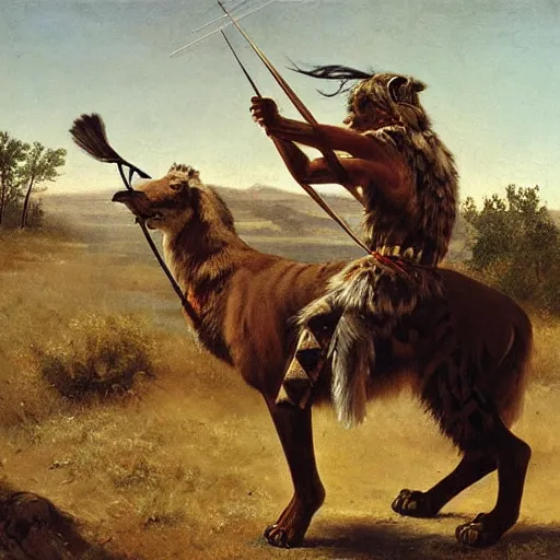 Image similar to american indian hunting sabertooth tiger with bow and arrow, plains by emanuel leutze