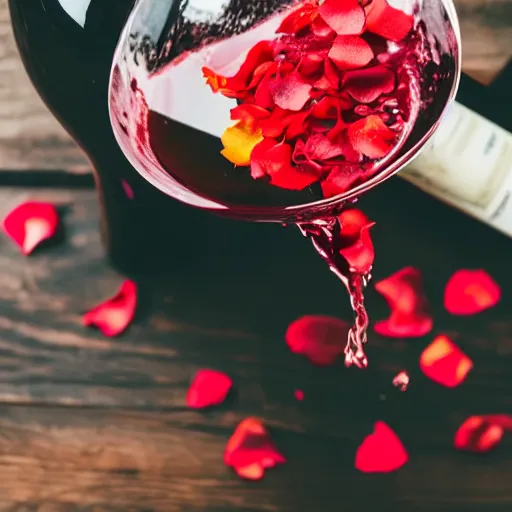 Image similar to rose petals erupting out of red wine bottle