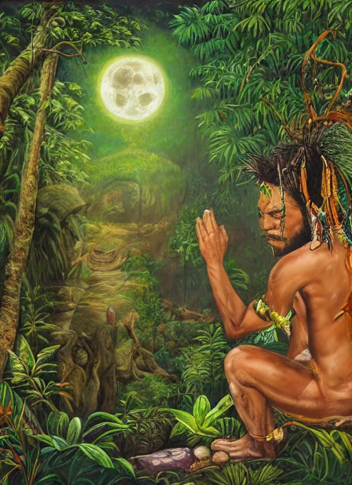 Prompt: a beautiful painting of an amazonian male shaman healer sitting in the jungle, doing a prayer, ayahuasca, high detail painting, fantasy art, highly detailed, realistic face, starry sky with full moon, canopee