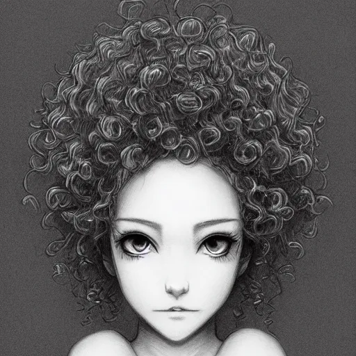 pencil sketch of an anime girl with a curly hair,, Stable Diffusion