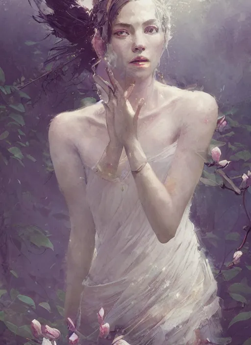 Prompt: female goddess of magnolias, beautiful face, rule of thirds, intricate outfit, backlit, by greg rutkowski, by jeremy mann, digital painting