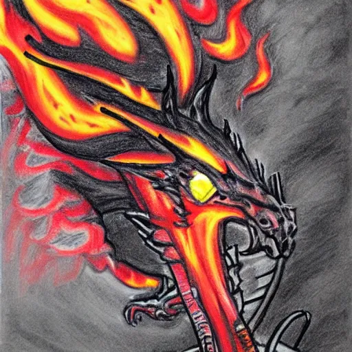 Image similar to firefighters against a fire - breathing dragon, pencil art, fire, colorful