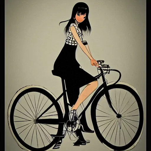 Prompt: girl black hair tail dark skin with old bicycle by Hayao Miyasaki trending on artstation