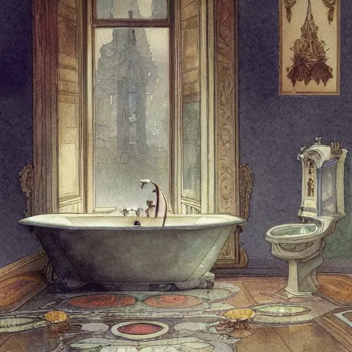 Image similar to a beautifull intricate watercolour painting of a bathroom, reflexions, verry high details by william turner art, greg rutkowski and alphonse mucha, trending on artstation, very very detailed, masterpiece, muted colors