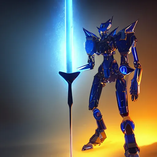 Image similar to dark blue anthro mecha dragon holding a yellow sword, photorealistic, 4k, artstation, 8k wallpaper, unreal engine 5, ue5