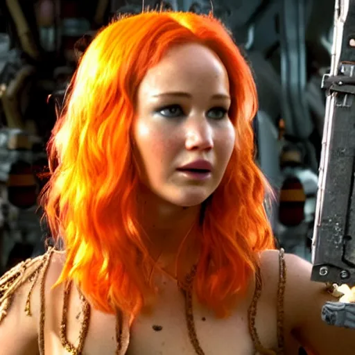 Image similar to still of Jennifer Lawrence as orange-haired Leelu in a remake of The Fifth Element (2029)