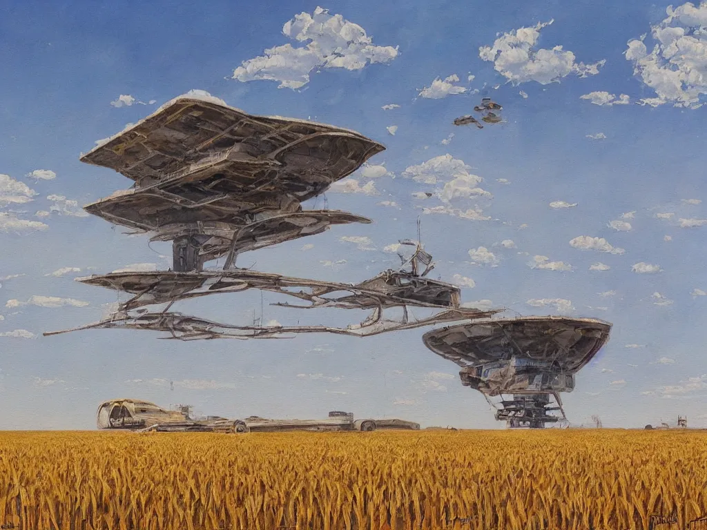 Image similar to A fantastic painting of a dilapidated post-modern building on a wheat field with an abandoned spaceship parked on the roof of the building, by Robert McCall, Trending on artstation, very detailed