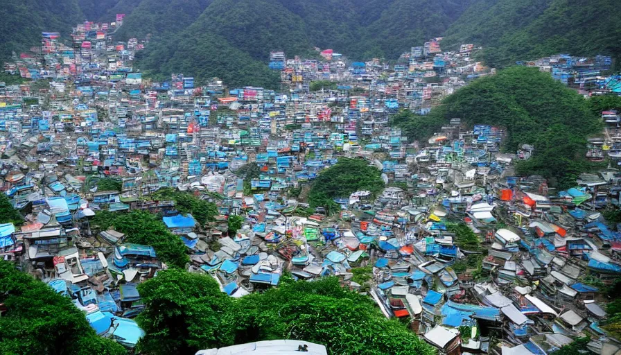 Prompt: A 1980s Japanese futuristic dream mountain town eco city themed like Jiufen, organic architecture, cable cars, chairlifts, flying cars, escalators, colorful