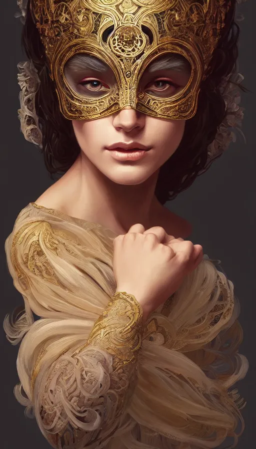 Image similar to masked, perfectly-centered-Portrait of the most beautiful woman on the planet , intricate, highly detailed, digital painting, artstation, concept art, smooth, sharp focus, illustration, Unreal Engine 5, 8K, art by artgerm and greg rutkowski and alphonse mucha