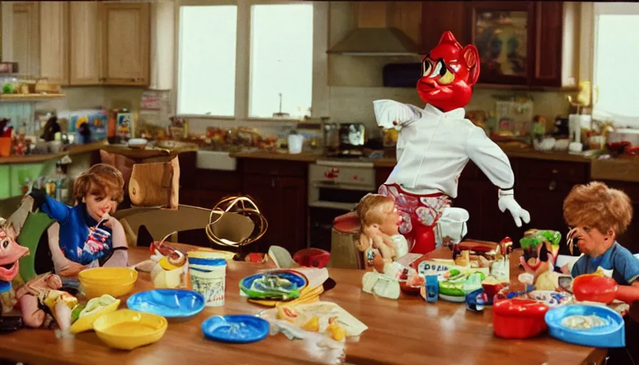 Image similar to 1 9 9 0 s candid 3 5 mm photo of a beautiful day in the family kitchen, cinematic lighting, cinematic look, golden hour, an absurd costumed mascot from the jimbles the super pony showing the kids how to build time machine, the kids are hungry but jimbles is showing them how to make a time machine to time travel, uhd