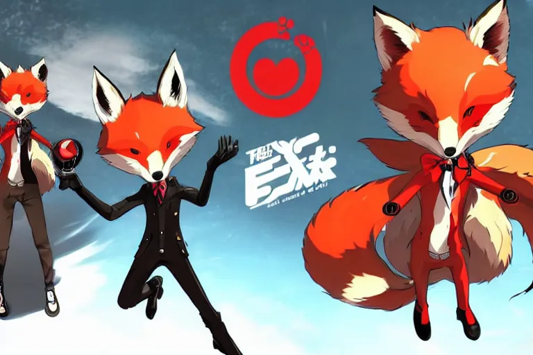 Prompt: a furry tan male fox on a persona 5 : royal ( by atlus ) video game splash screen, a furry male sandcolored tan fox fursona ( has hair ), persona 5 phantom thief style