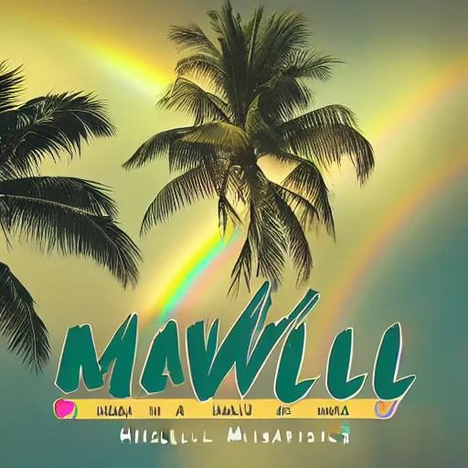 Image similar to miracle musical Hawaii part ii album cover, showing an ocean in the background, spiral transparent stairs on the left with tall palm trees behind it, a slight rainbow in the background, white outline border, moon in the right top area black and white except for the rainbow album cover