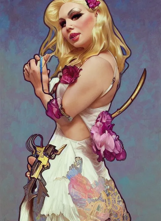 Image similar to trixie mattel in full makeup, painting by artgerm and greg rutkowski and alphonse mucha
