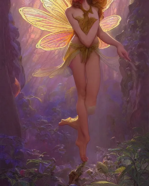 Image similar to a beautiful fairy in a morning dreamland, full body, coherent design, symmetrical, vivid color, complementary color, golden ratio, detailed, sharp lines, intricate, rainbowshift, by james gurney, by peter mohrbacher, by alphonse mucha, by maxfield parrish, by karol bak, waterhouse, octane render