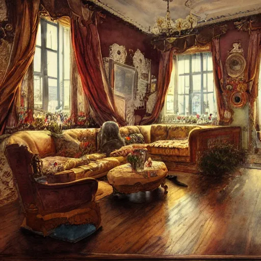 Prompt: a beautiful intricate watercolor illustration of a victorian livingroom 4 k, ultra - wide angle, by william turner, by gustav klimt, hd, trending on artstation, hyper detailed, muted intense colors