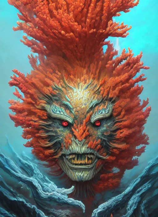 Prompt: nuclear oni mask, corals, seaweed, extremly detailed digital painting, vibrant colors, in the style of artgem and tomasz alen kopera and fenghua zhong and peter mohrbacher, mystical colors, rim light, beautiful lighting, 8 k, stunning scene, raytracing, octane, trending on artstation