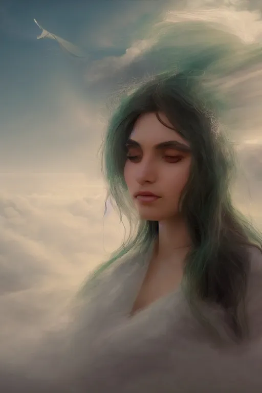 Image similar to realistic portrait of dreamy beautiful persian goddess princess in the clouds, volumetric fog, green eyes, long black hair flying around, smiling, face, highly detailed, artstation, concept art, sharp focus, hyper realistic, octane render, unreal engine, 8 k