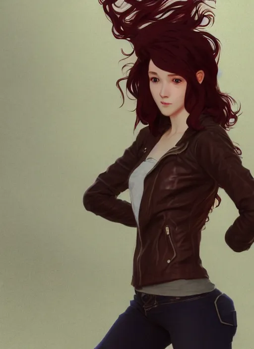 Image similar to pretty young woman with shoulder length shiny shimmering dark red hair and wearing worn leather jacket, concept art, t - pose, full body, path traced, highly detailed, high quality, digital painting, by studio ghibli and alphonse mucha, leesha hannigan, makoto shinkai, arcane