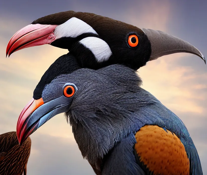 Prompt: a realistic photo of a birdlike creature made of birds merged, creature wrinkles feathers exotic morphing hoopoe, morphing wings king vulture head, merging pheasant skin merged sky animal, atlantic puffin, turaco morphing chicken, clear, global illumination, refraction, displacement map, bump map, normal map