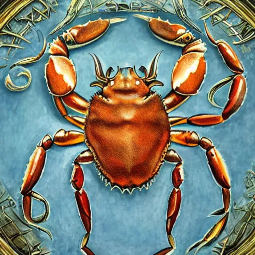 Image similar to detailed and sharp crab zodiac artwork, mystic style, detailed, 8 k, detailed, symmetrical, by brian froud