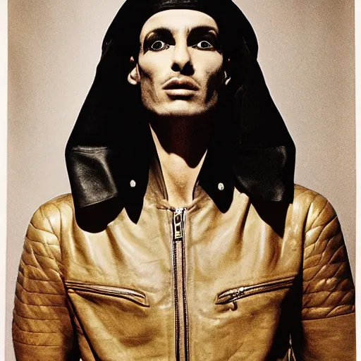 Prompt: A pharaoh wearing a leather jacket, portrait, by Derek Ridgers, Richard Avedon, Mario Testino