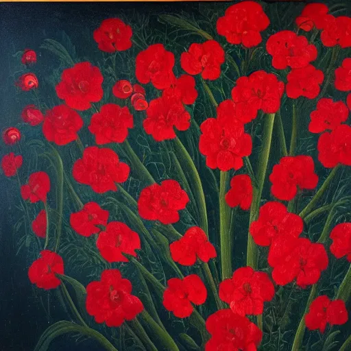 Prompt: painting of many various red flowers on a dark background, painted by Sandro Botticelli, the flowers are floating and are seen from the side, dark atmosphere, realistic flowers oil painting