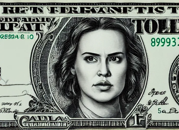 Image similar to reylo kiss on a dollar bill