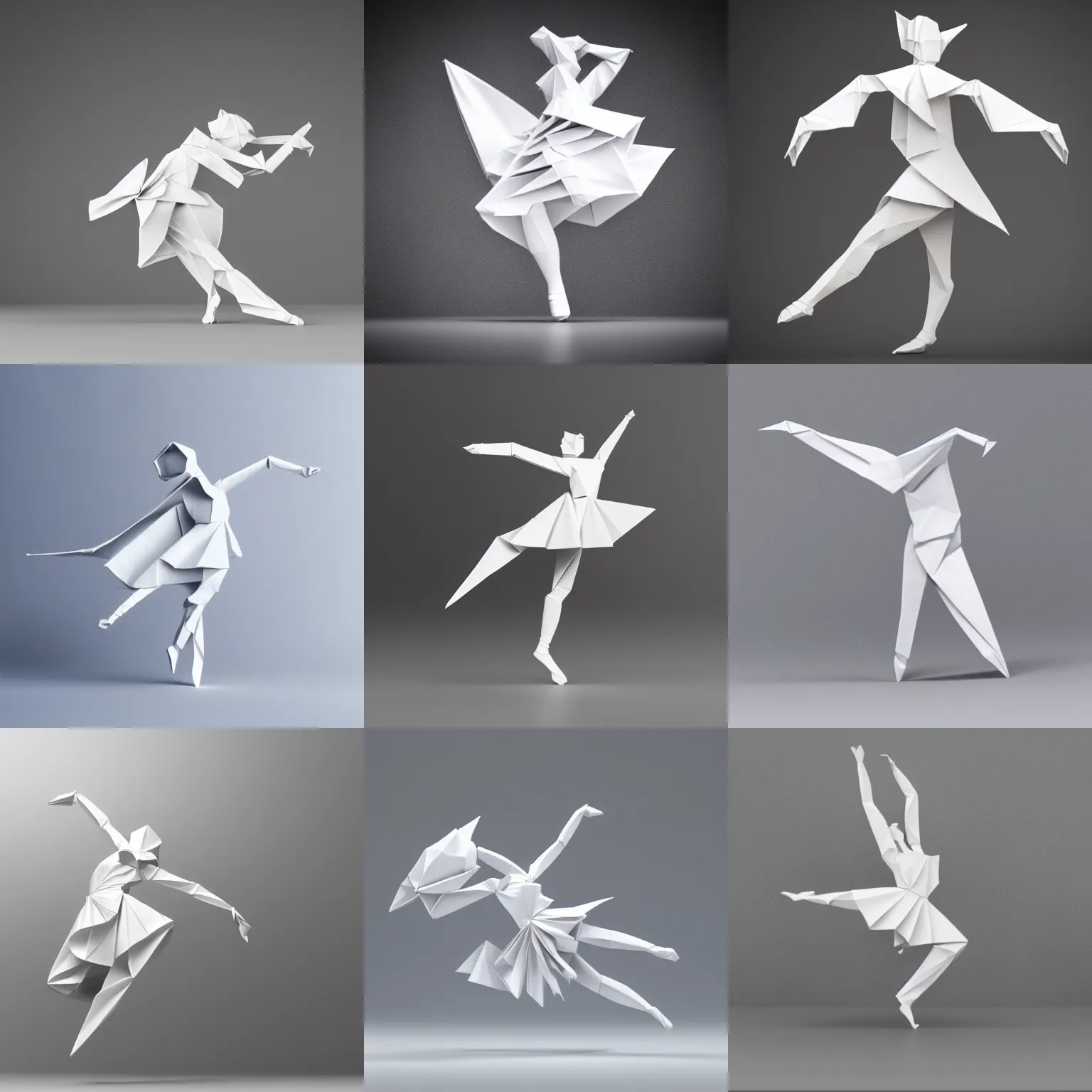 Image similar to origami dancer in white paper, 3 d render, ultra detailed, on white background, studio shot