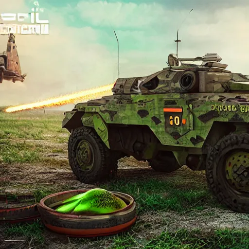 Prompt: Very very very very highly detailed sci-fi Watermelon military vehicle with epic weapons, on a battlefield in russian city . Photorealistic Concept 3D digital art rendered in Highly Octane Render, epic dimensional light