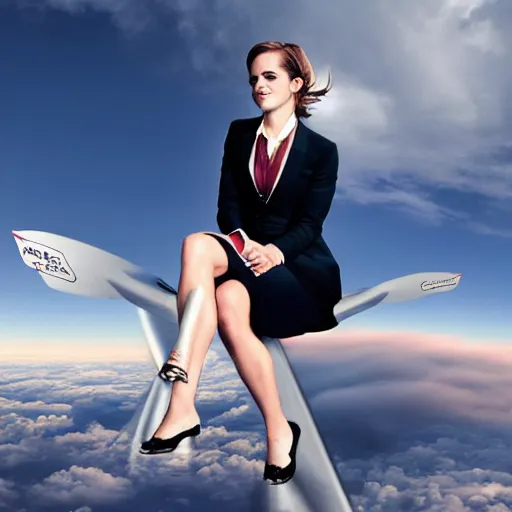 Prompt: Emma Watson sitting on a broomstick flying in the clouds next to an airliner, full body shot