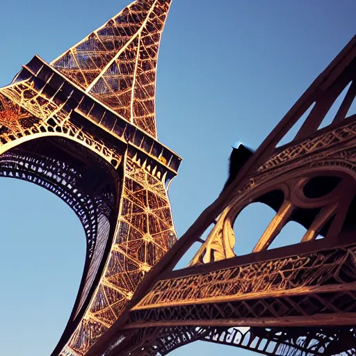 Prompt: high-resolution photograph of a giant cat riding the eiffel tower