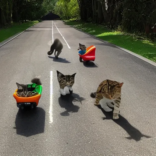 Prompt: cats cycling on the mariocart rainbow track