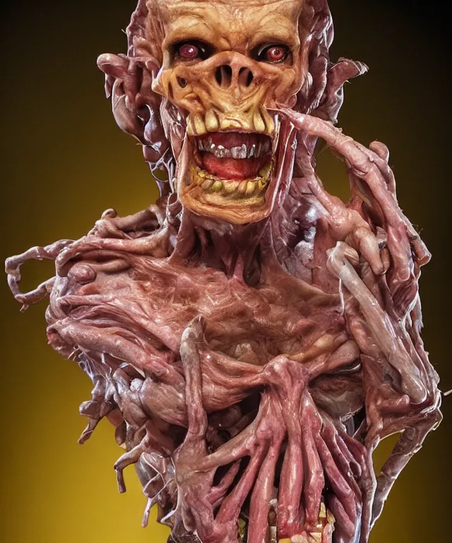 Image similar to hyperrealistic rendering, cronenberg flesh monster skeletor by art of skinner and richard corben and jeff easley, product photography, action figure, sofubi, studio lighting, colored gels