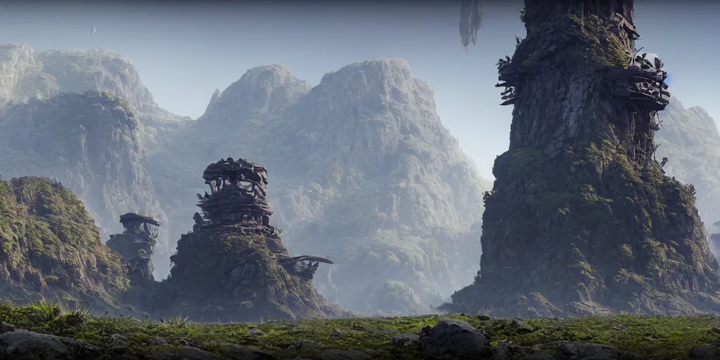 Image similar to alien landscape, alien wildlife, alien nature, old tower ruin in the center, 8 k uhd, unreal engine, octane render in the artstyle of kuindzhi