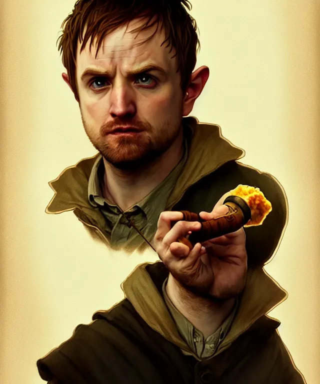 Prompt: portrait hobbit jesse pinkman, smoking a pipe, caricature, headshot, highly detailed, digital painting, artstation, concept art, sharp focus, cinematic lighting, illustration, art by met mangindaan, artgerm and greg rutkowski, alphonse mucha, cgsociety