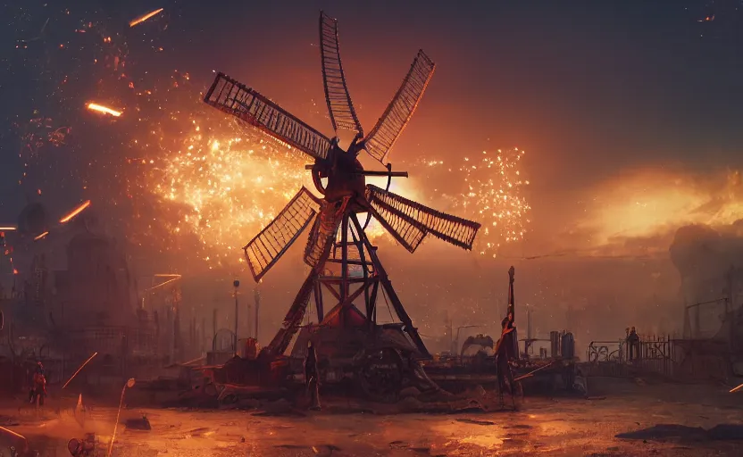 Prompt: a steampunk windmill spinning fast, robot, fire, ash, electricity lightning, furry, soft, concept art, sharp focus, intricate details, highly detailed, photorealistic, disney pixar, octane render, iridescent, anime, 8 k