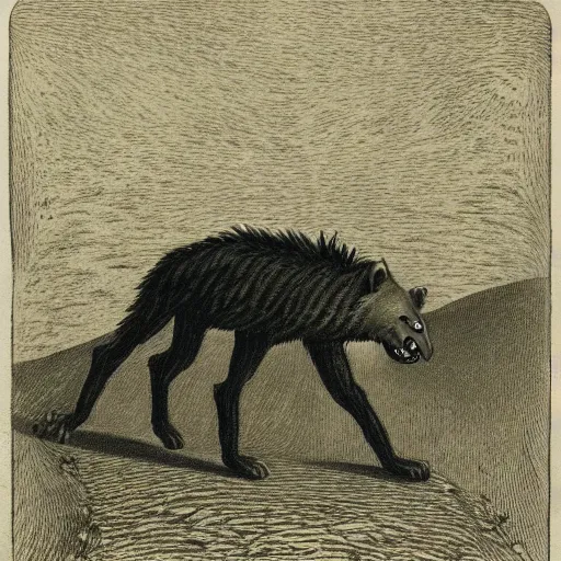 Image similar to giant hyena standing on a desert road at night with glowing eyes, laughing, hard flashlight, eerie strange bizarre, by alfred kubin