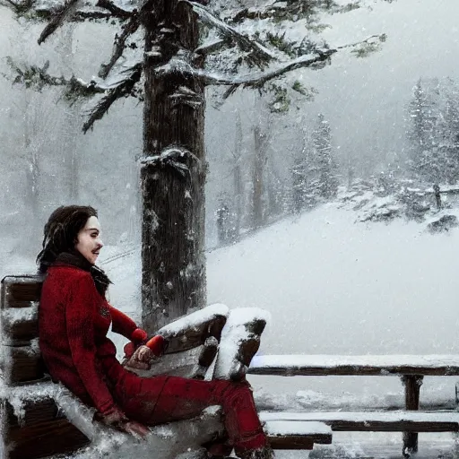 Image similar to adelaide kane sitting on the porch to a large snowy wooden cabin, artstation, jakub rozalski, high detail