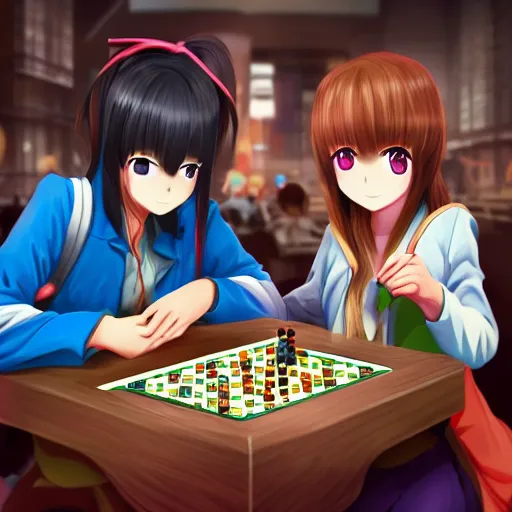 Image similar to two girls playing Go,anime,pixiv