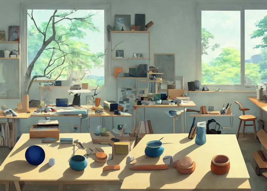 Image similar to interior of an art studio room with ceramics on shelves and tools on desks and trees outside the window, makoto shinkai, dusty
