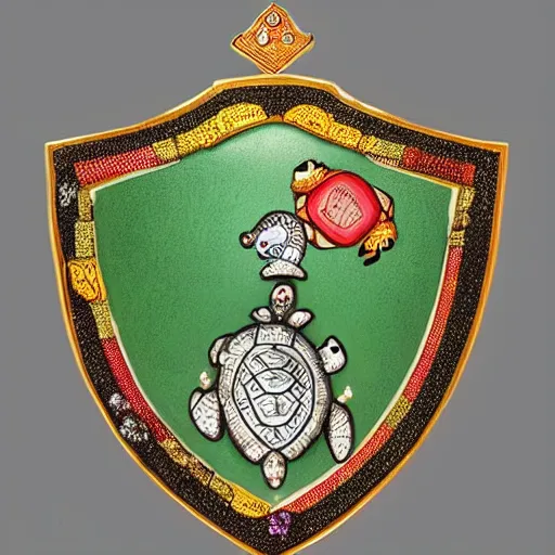 Prompt: A standard sized shield with a symmetrical tower-like top and a symmetrical squared bottom is supported by a turtle on either side. All of which rests on a desert landscape. A modest crown, or coronet, rests atop the shield, it's a crown of gems raised on stalks and two rows of precious gems decorate the outer sides. On top of the coronet sits an armet helm, which itself supports the crest, in this case a large unicorn. The coronet and crest are decoratively bound by a roll of fabric, or torse, which carries the main colors used on the shield. Lastly, tied to the helmet is an elegant drapery, or mantling, in the shape of simple ribbons and colored in the main colors, just like the torse. The shield itself has 3 colors which are painted in a nebuly pattern. 4 lily flowers and 4 crabs serve as the emblem, or charge, and a long ribbon, reaching from supporter to supporter, carries the motto, which reads: Justice, honesty, integrity..